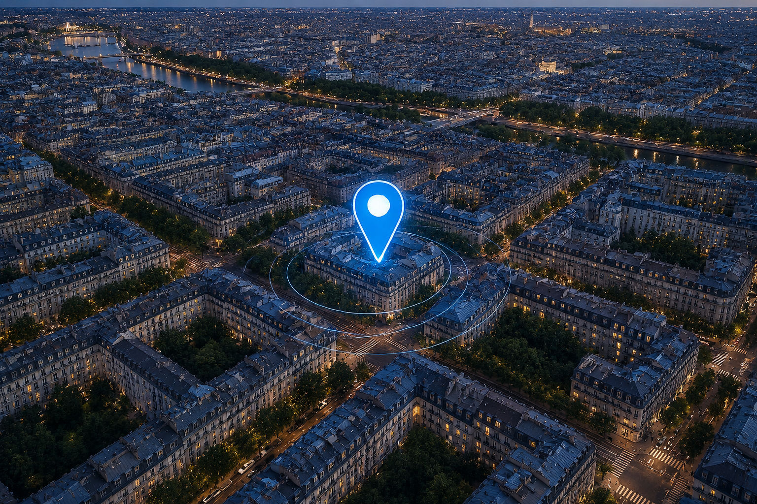 Vue aérienne quartier immobilier avec pin de localisation